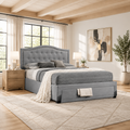 Cama California King com gaveta de arrumação, estofada em serapilheira cinzento-clara