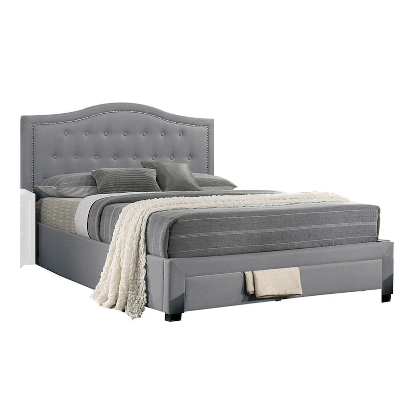 California King Bed w Storage Drawer, Light Gray Burlap Upholstery