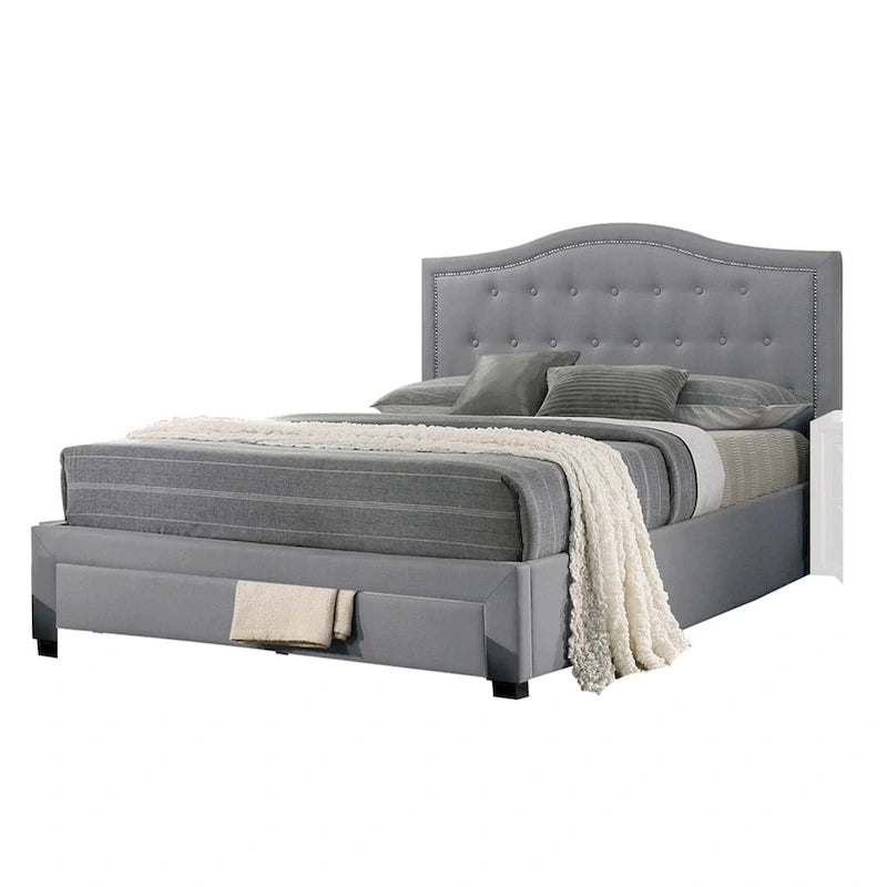 California King Bed w Storage Drawer, Light Gray Burlap Upholstery