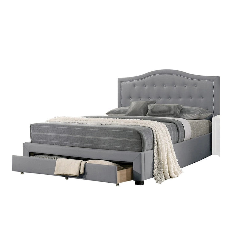 California King Bed w Storage Drawer, Light Gray Burlap Upholstery