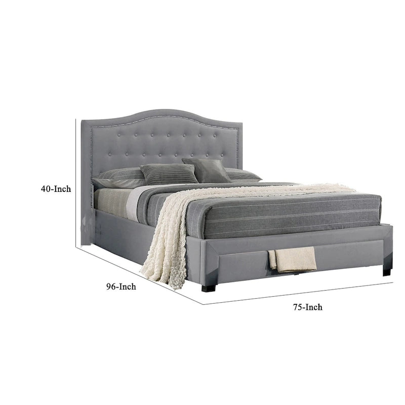 California King Bed w Storage Drawer, Light Gray Burlap Upholstery
