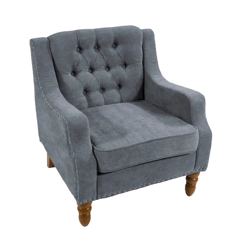 Linen Upholstered Accent Chair with Solid Wood Legs,Mid-Century Modern Single Lounge Sofa Chair for Living Room and Bedroom
