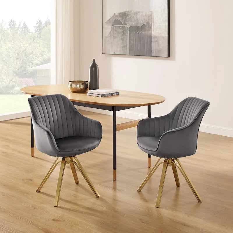 Set of 2 Velvet Swivel Dining Chair with Golden Legs