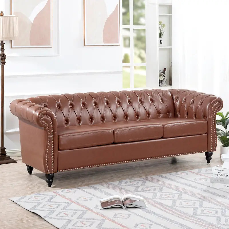 Rolled Arm Faux Leather Sofa with Removable Cushions
