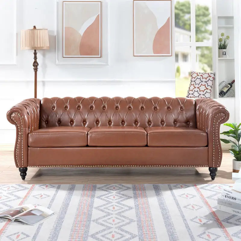 Rolled Arm Faux Leather Sofa with Removable Cushions