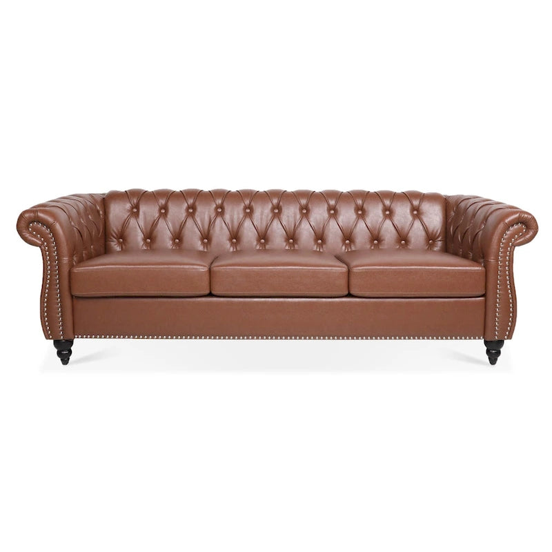 Rolled Arm Faux Leather Sofa with Removable Cushions
