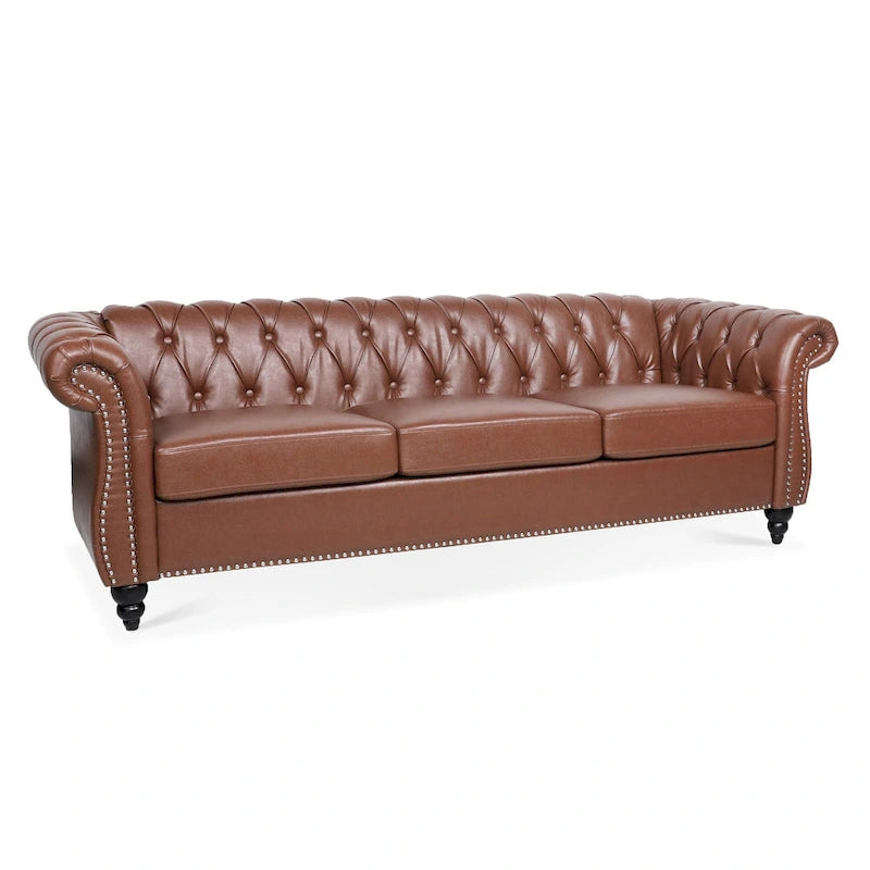 Rolled Arm Faux Leather Sofa with Removable Cushions