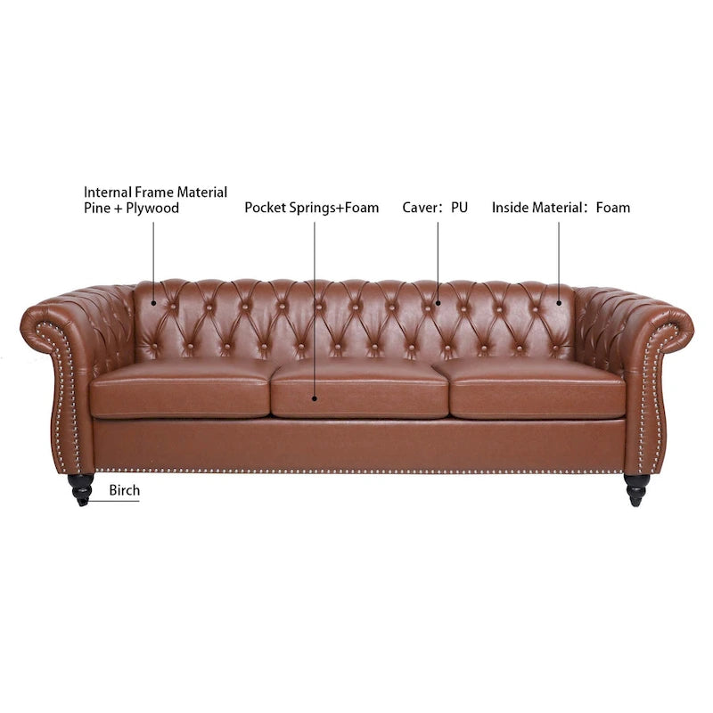 Rolled Arm Faux Leather Sofa with Removable Cushions