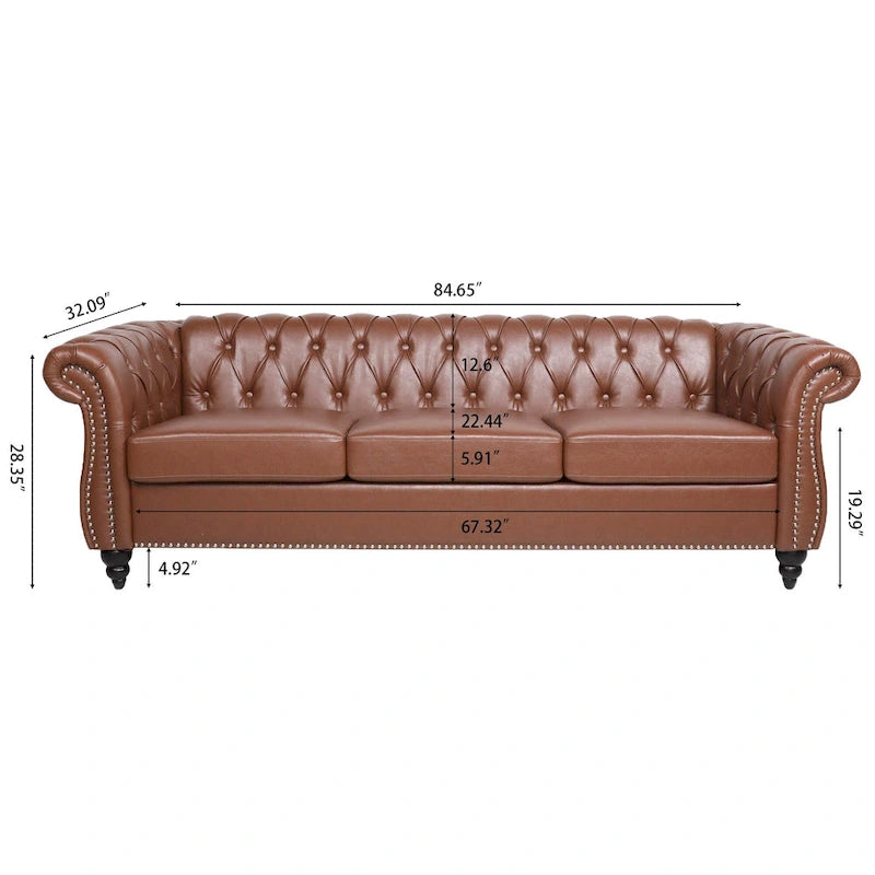 Rolled Arm Faux Leather Sofa with Removable Cushions