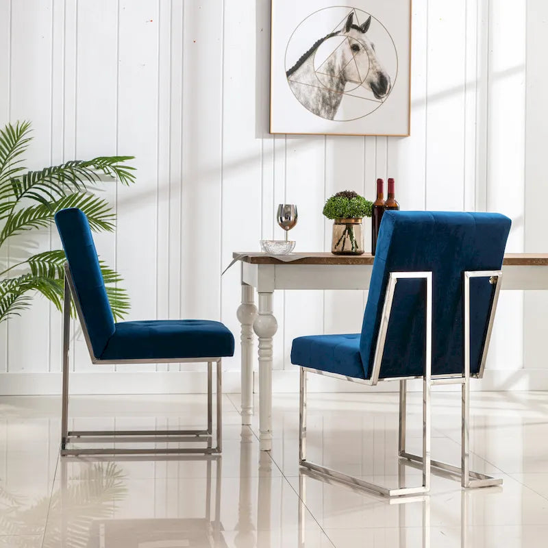 Velvet Upholstered Dining Side Chairs Set of 2, Navy Blue