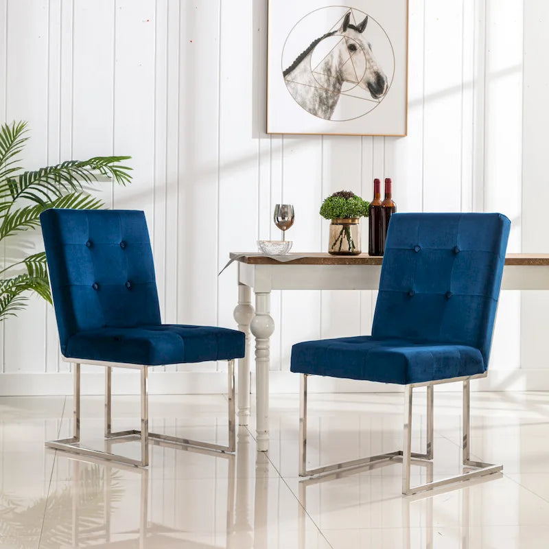 Velvet Upholstered Dining Side Chairs Set of 2, Navy Blue