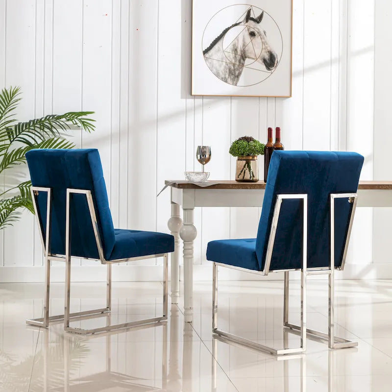 Velvet Upholstered Dining Side Chairs Set of 2, Navy Blue