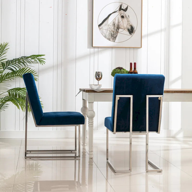 Velvet Upholstered Dining Side Chairs Set of 2, Navy Blue