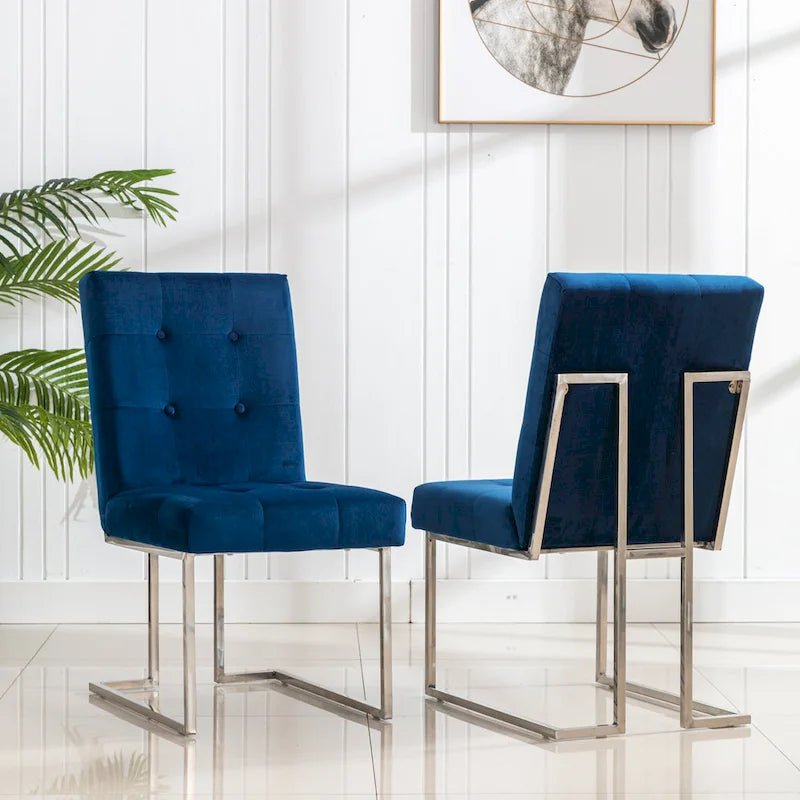 Velvet Upholstered Dining Side Chairs Set of 2, Navy Blue