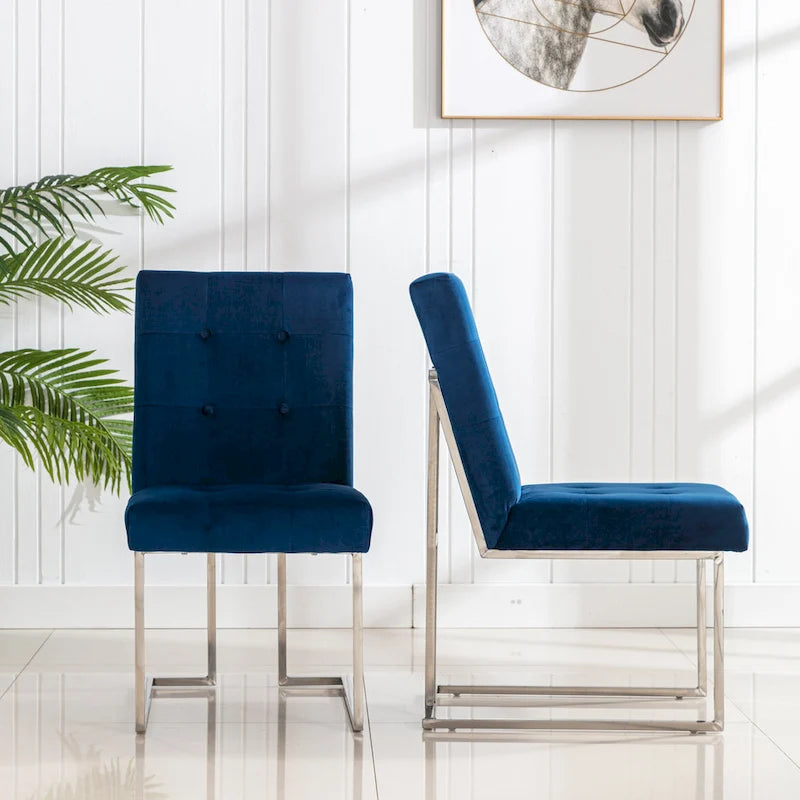 Velvet Upholstered Dining Side Chairs Set of 2, Navy Blue