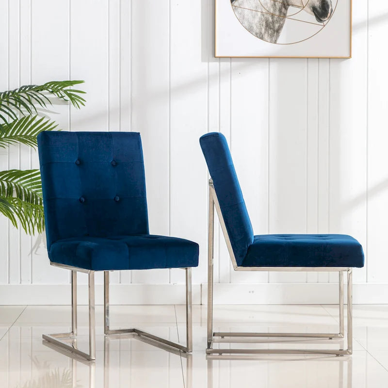 Velvet Upholstered Dining Side Chairs Set of 2, Navy Blue