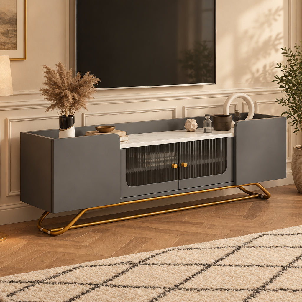 TV Stand with Fluted Glass, Entertainment Center for TVs Up to 70, Faux Marble Top TV Console Table with Gold Frame Base