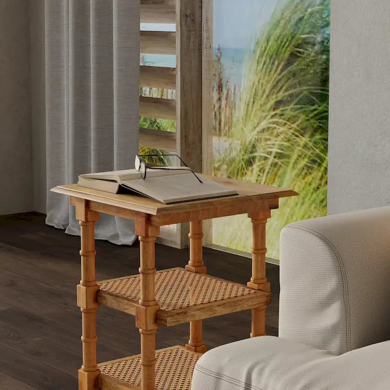 Wood & Cane 3 Shelf Side Table - Natural