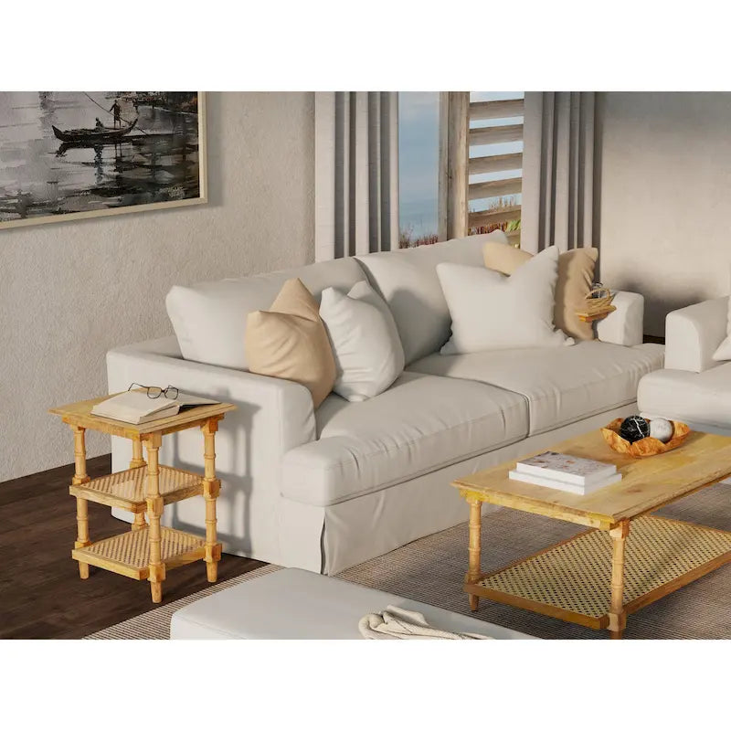 Wood & Cane 3 Shelf Side Table - Natural