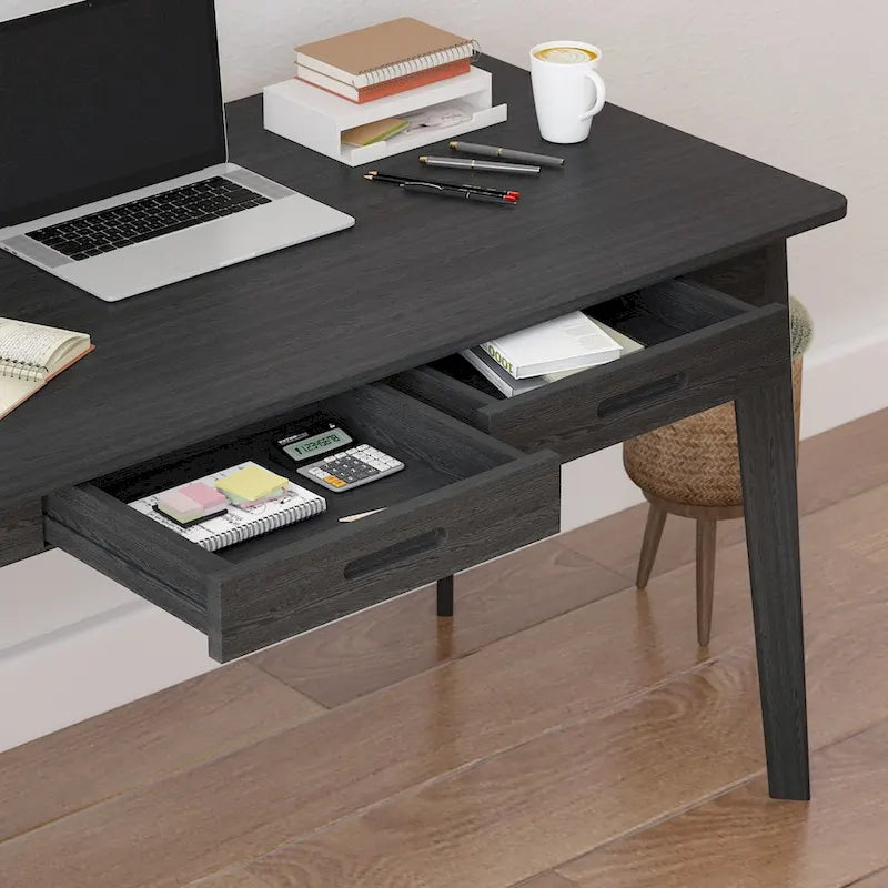 Black Wooden Computer Desk, 47 Writing Desk with 2 Drawers