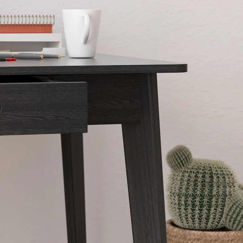 Black Wooden Computer Desk, 47 Writing Desk with 2 Drawers