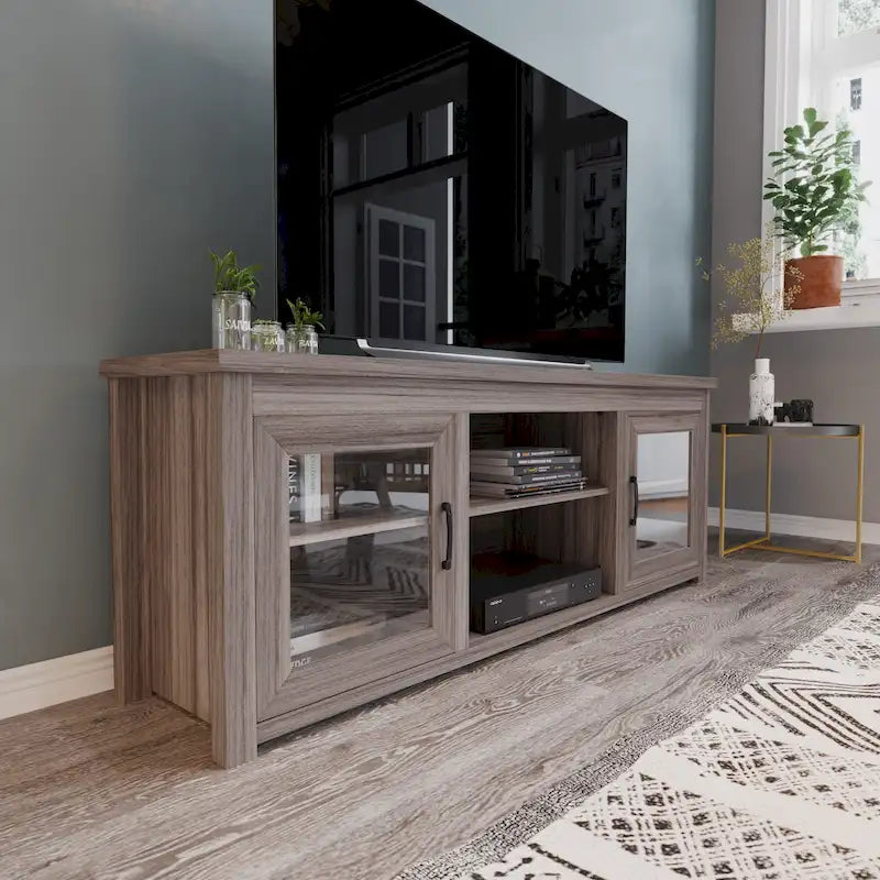 Classic TV Stand for up to 80 TVs-Glass Fronted Doors-Modern Finish - 65W x 16D x 23.625H