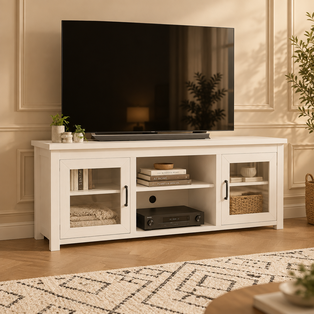 Klassischer TV-Ständer für Fernseher bis 80 Zoll - Türen mit Glasfront - modernes Finish - 65W x 16D x 23.625H
