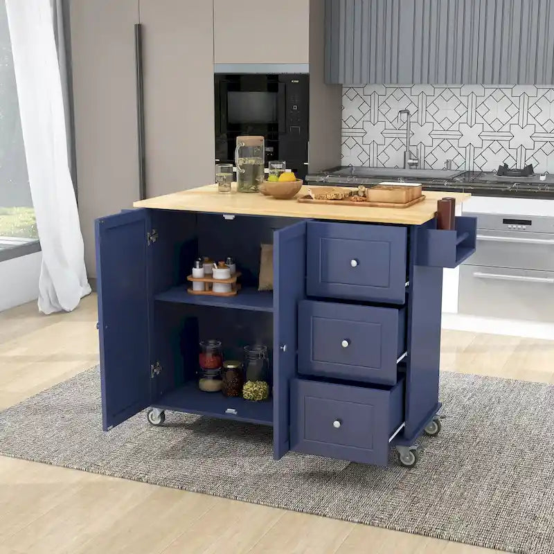 White Rolling Kitchen Island Solid Wood Top, Locking Wheels, Storage & More