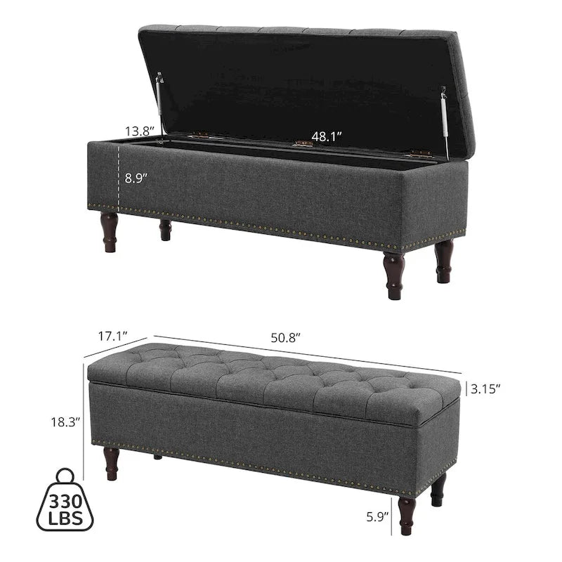 Tufted Storage Bench, Upholstered Ottoman with Storage - 50.8 W X 17.1 D X 18.3 H