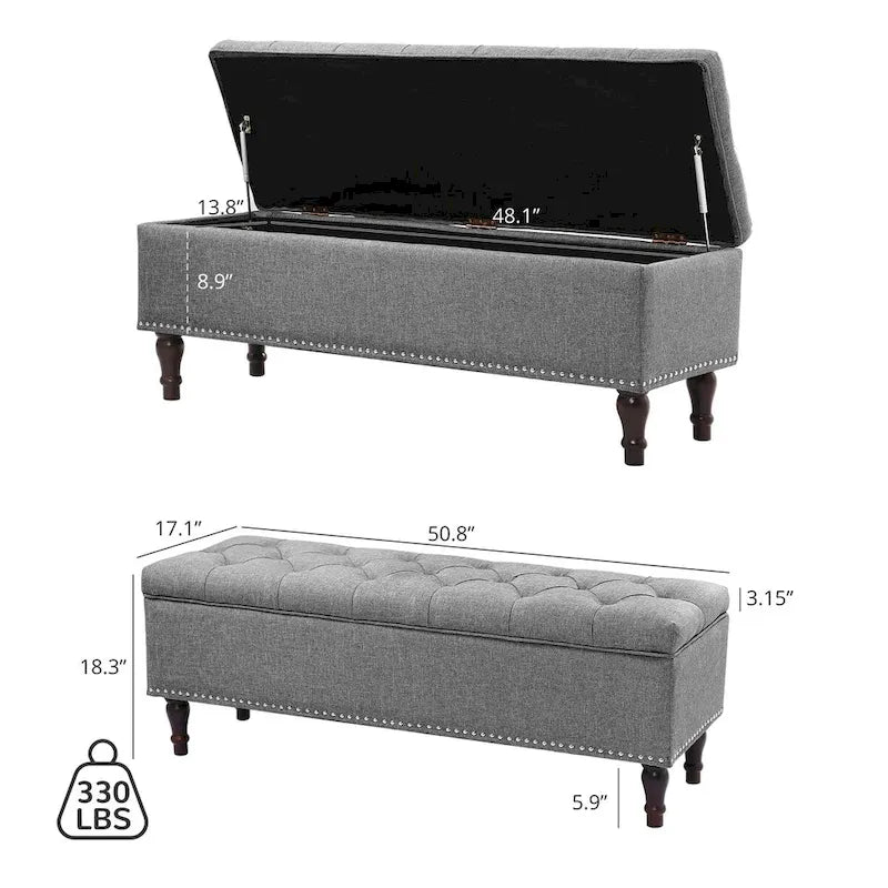 Tufted Storage Bench, Upholstered Ottoman with Storage - 50.8 W X 17.1 D X 18.3 H