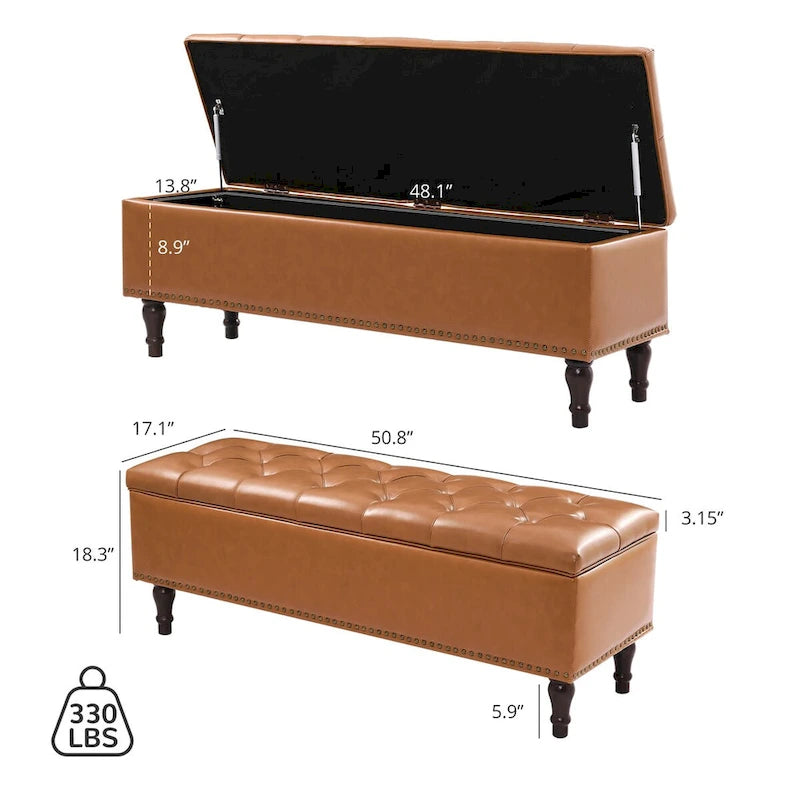 Tufted Storage Bench, Upholstered Ottoman with Storage - 50.8 W X 17.1 D X 18.3 H