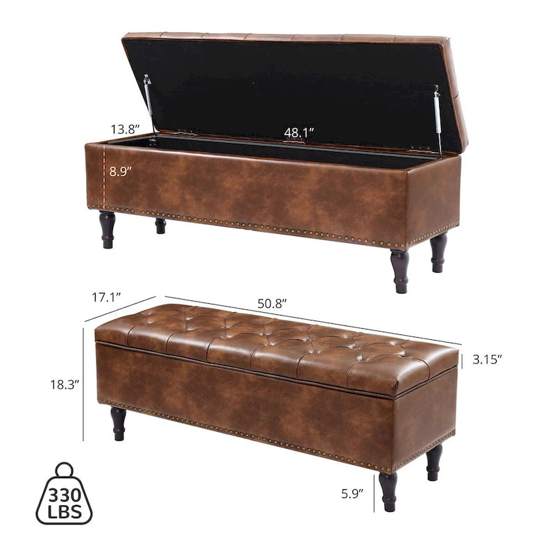 Tufted Storage Bench, Upholstered Ottoman with Storage - 50.8 W X 17.1 D X 18.3 H