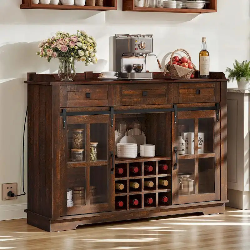 Farmhouse Sideboard Buffet with Wine Racks Storage Bar Cabinet with Drawers
