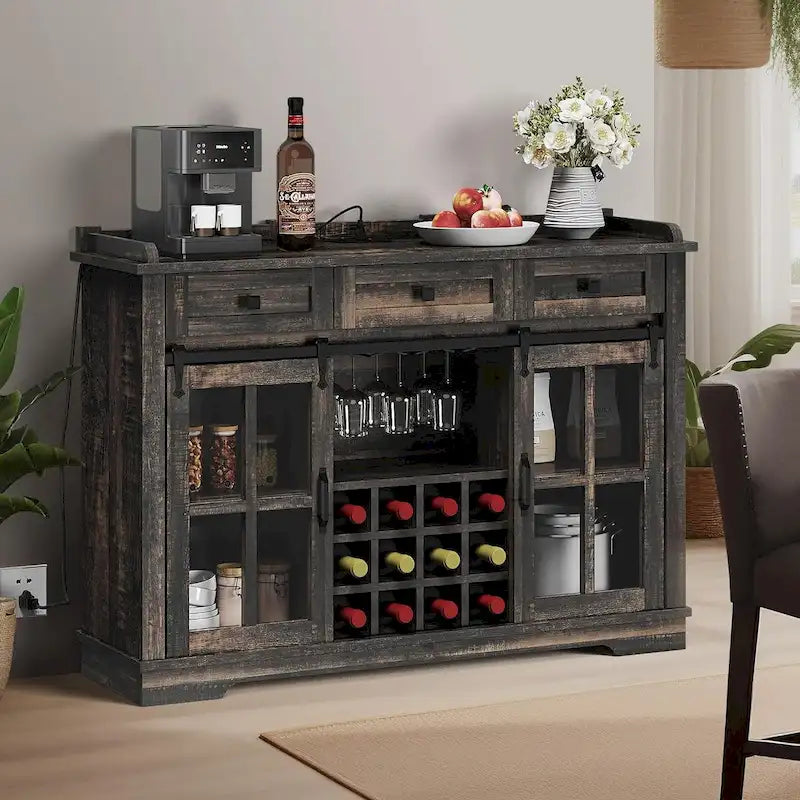 Farmhouse Sideboard Buffet with Wine Racks Storage Bar Cabinet with Drawers