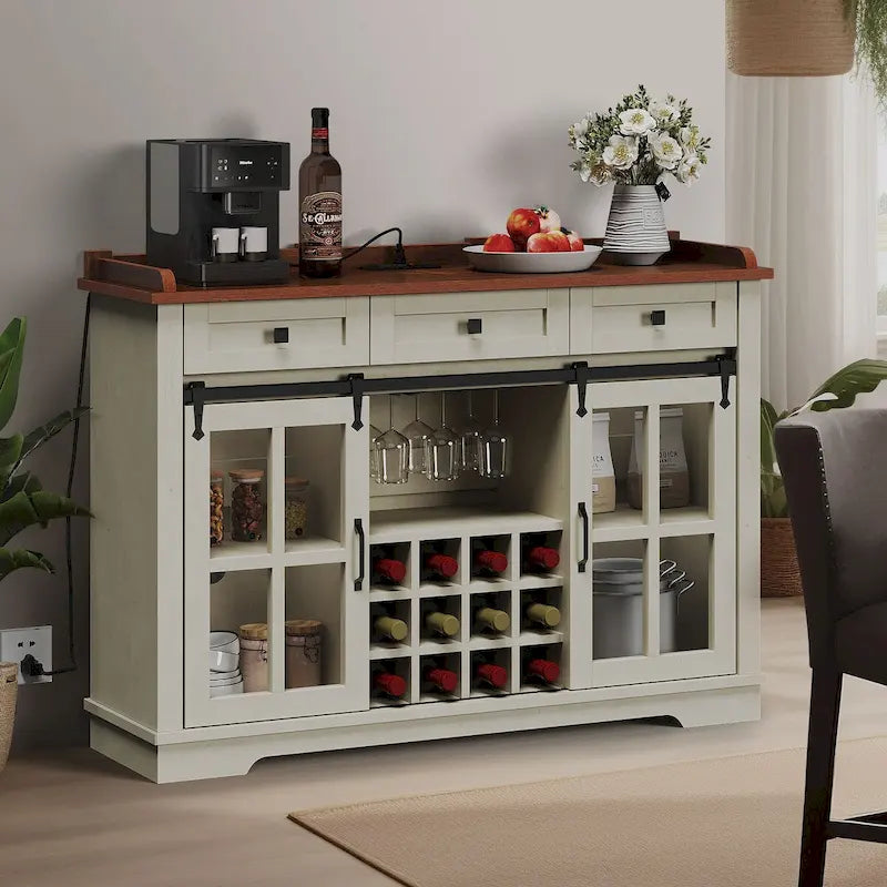 Farmhouse Sideboard Buffet with Wine Racks Storage Bar Cabinet with Drawers