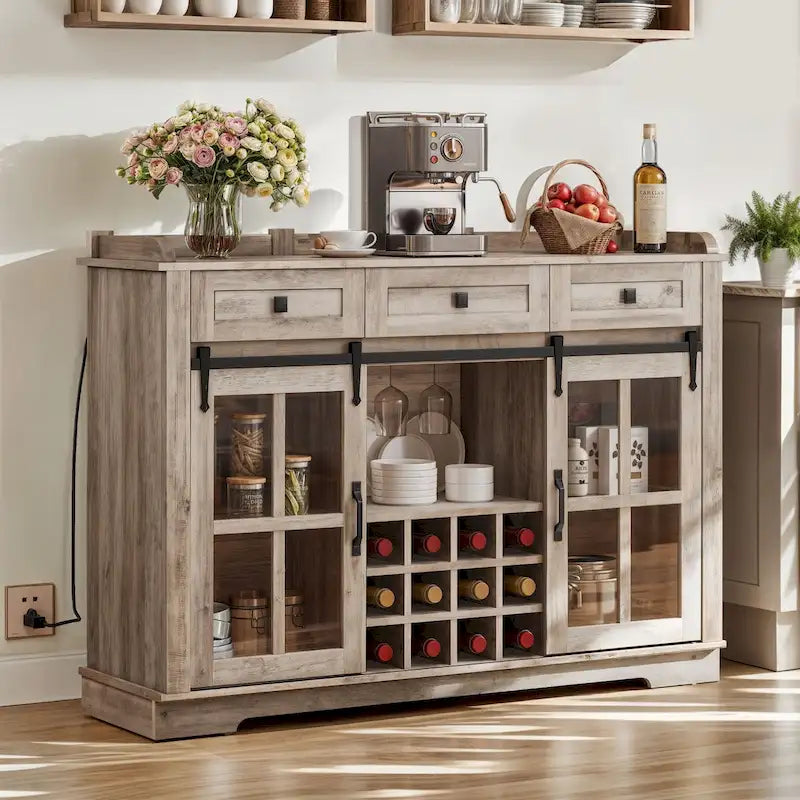 Farmhouse Sideboard Buffet with Wine Racks Storage Bar Cabinet with Drawers