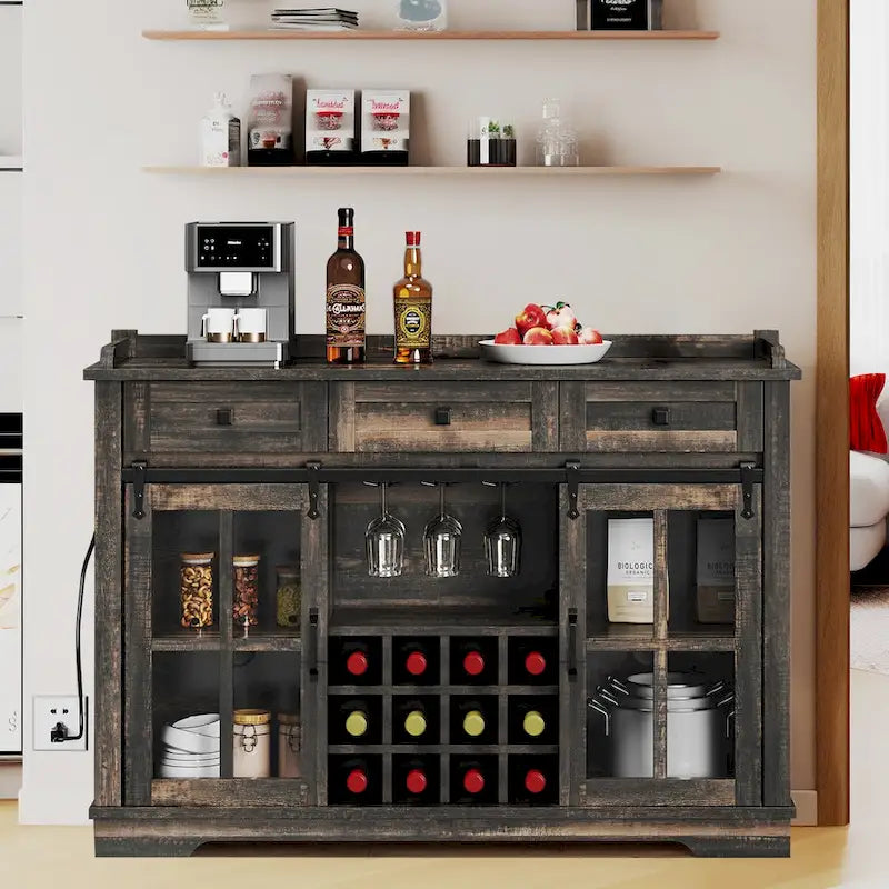Farmhouse Sideboard Buffet with Wine Racks Storage Bar Cabinet with Drawers