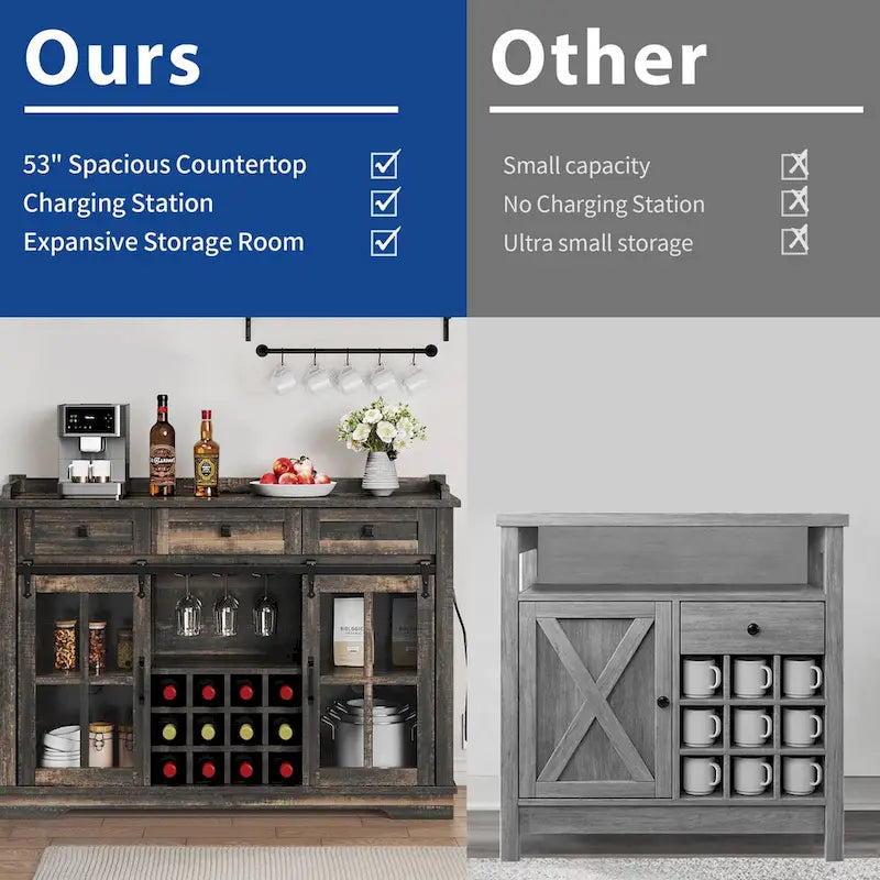 Farmhouse Sideboard Buffet with Wine Racks Storage Bar Cabinet with Drawers