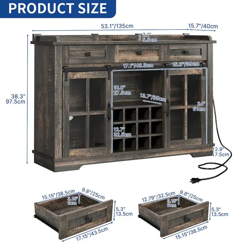 Farmhouse Sideboard Buffet with Wine Racks Storage Bar Cabinet with Drawers
