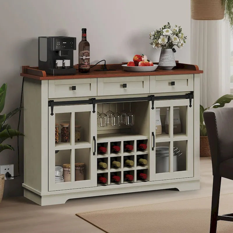 Farmhouse Sideboard Buffet with Wine Racks Storage Bar Cabinet with Drawers