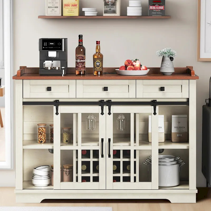 Farmhouse Sideboard Buffet with Wine Racks Storage Bar Cabinet with Drawers