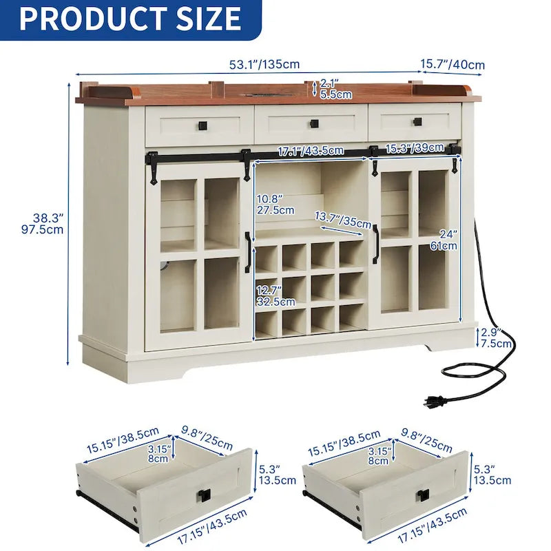 Farmhouse Sideboard Buffet with Wine Racks Storage Bar Cabinet with Drawers