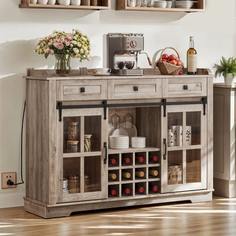Farmhouse Sideboard Buffet with Wine Racks Storage Bar Cabinet with Drawers
