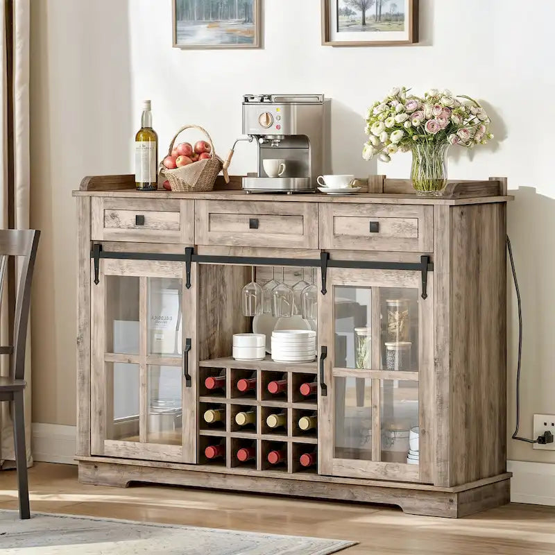 Farmhouse Sideboard Buffet with Wine Racks Storage Bar Cabinet with Drawers