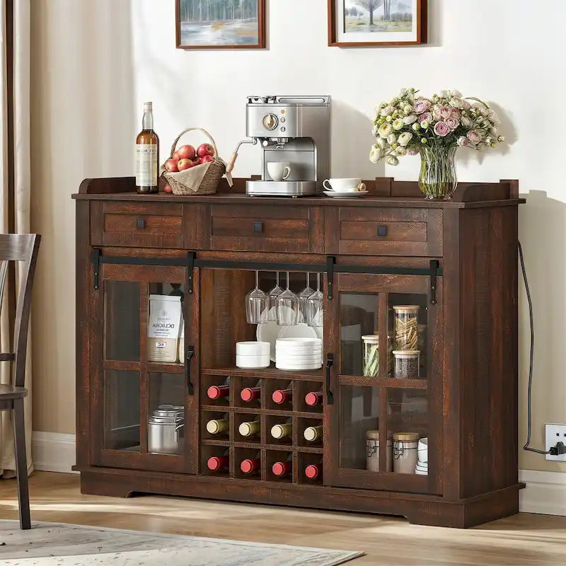 Farmhouse Sideboard Buffet with Wine Racks Storage Bar Cabinet with Drawers
