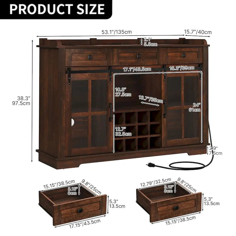 Farmhouse Sideboard Buffet with Wine Racks Storage Bar Cabinet with Drawers