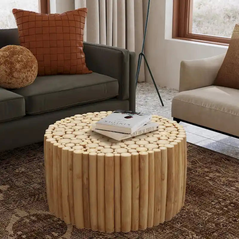 Round Natural Brown Solid Teak Wood Branch Bundle Coffee Table by