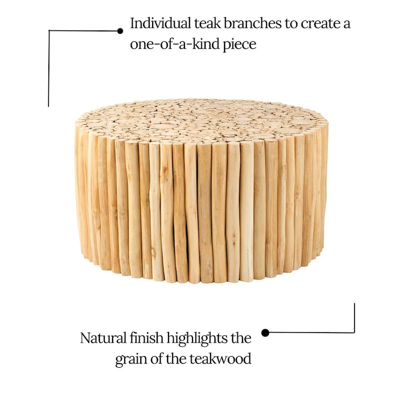 Round Natural Brown Solid Teak Wood Branch Bundle Coffee Table by